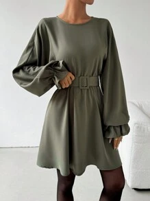 EMERY ROSE Casual Simple Solid Color Ruffle Sleeve Tie Waist Dress Fall Cloth For Women - Green - View 4