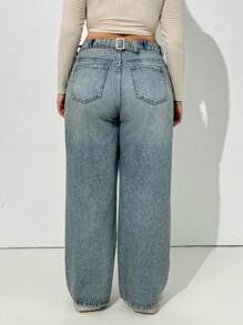 EURMUSE Plus Mid Waist Belt Detailed Straight Jean - Medium Wash - View 3