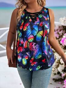 SHEIN LUNE Blusa informal de talla grande con estampado de mariposa calada en todo el frente y lazo