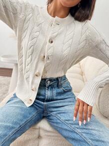 Chiquease 女款杏色圆领长袖粗针织开衫 - 杏色 - 查看 6