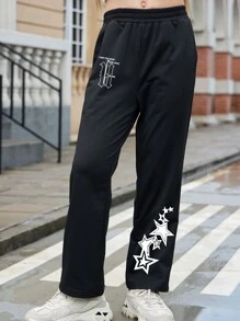 Tween Girl Letter & Star Printed Casual Pants - Black - View 4