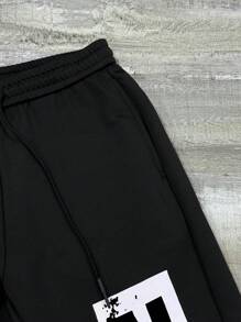 Manfinity EMRG Men's Casual American Street Style Letter & Angel Print Sweatpants, Autumn, Y2k Angel Graphic Drawstring Waist Sweatpants, Black Street Wear Long Sweatpants, For Husband, Boyfriend Gifts