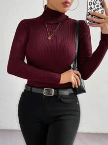 EMERY ROSE 简约高领修身针织衫，长袖上衣，秋冬款 - 酒紅色 - 查看 6