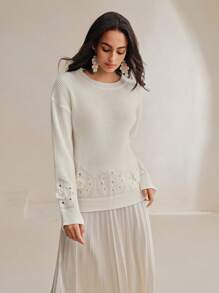 Anewsta Women Crochet Lace Drop Shoulder Loose Solid Color Sweater