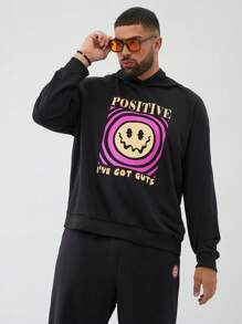 Mainfolk Plus Size Men Loose Knitted Letter Graphic Hoodie And Sweatpants Two-Piece Set, For Fall Winter - Black - View 3