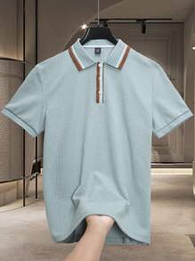 Manfinity Homme 男士撞色前扣短袖 Polo 衫，夏季，男朋友礼物，纹理提花，白色纽扣 - 彩色 - 查看 3