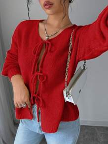 Chiquease Casual Solid Color Front Tied Design Long Sleeve Cardigan, Autumn For New Year Clothes - Red - View 6