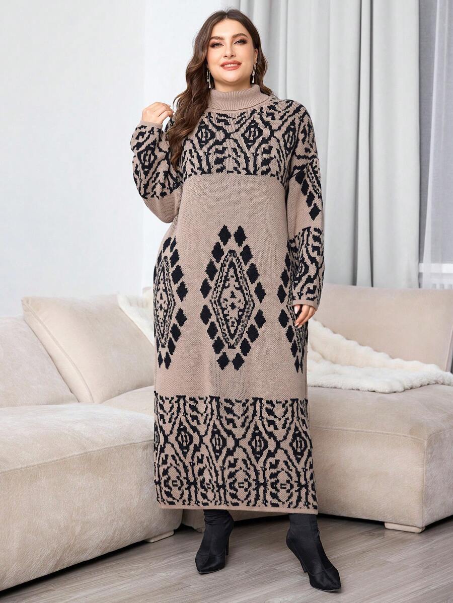 Lacomfia Váy suông cổ cao họa tiết khối màu cỡ lớn, cho mùa đông - Màu nâu  Mocha - Xem 1