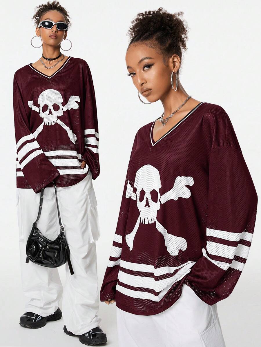 SHEIN EZwear Punk Y2K Style Skull Print Long Sleeve Varsity Jacket - Burgundy - View 1