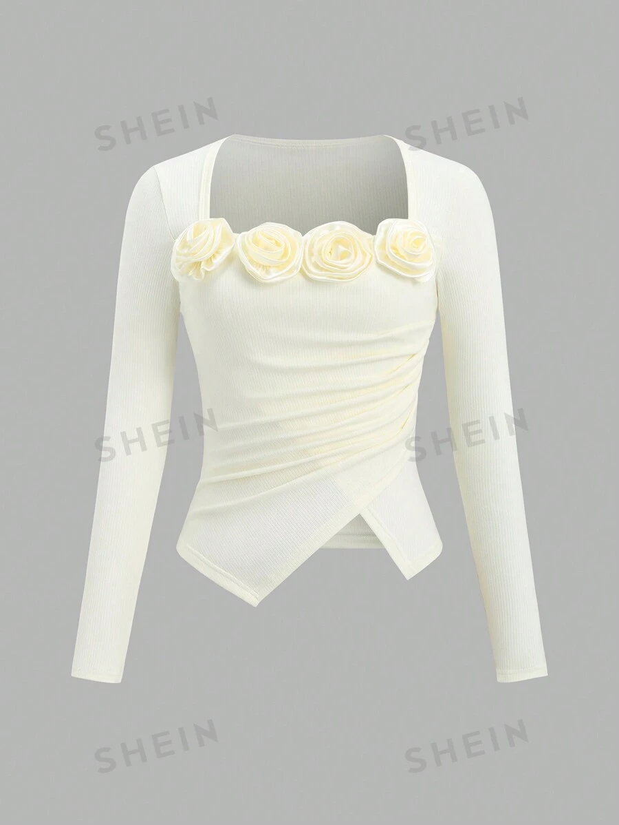 Sweetra Parte superior de manga larga con cuello redondo y ajustada con estampado floral en 3D