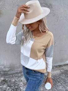 SHEIN LUNE Women's Autumn/Winter Color Block Crew Neck Drop Shoulder Casual Pullover Sweater - Khaki - View 1