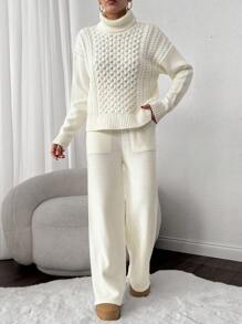 EURMUSE 2pcs Women Set: Solid Color High Neck Raglan Loose Cable Knit Sweater & Loose Straight Pocket Sweatpants - Beige - View 5