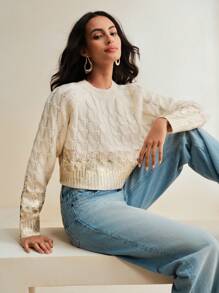 Anewsta French Retro Cable Knit Round Neck Cropped Sweater, Knit Pullover Fall Winter - Apricot - View 6