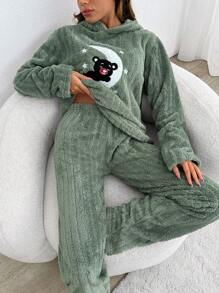 RueChic 2pcs Fuzzy Bear&Moon Embroidery With Hoodie Detail Homewear PJ Set - Green - View 4