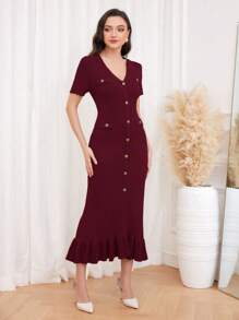 Modelyn Burgundy Red Women's Solid V-Neck Short Sleeve Single-Breasted Maxi Elegant Knitted Sweater Dress - Burgundy - View 4