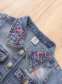 Baby Girl Cute Casual Lovely Pink Bow Knot Embroidered Denim Shirt Dress With Belt - Medium Wash - View 4