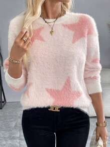 Chiquease Áo len giả cashmere dáng rộng, vai rớt, họa tiết ngôi sao, thích hợp mặc hàng ngày, mùa thu/đông, kiểu áo chui đầu. - trắng - Xem 6