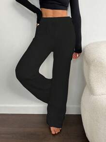 Flirla 女士纯色直筒休闲裤，简约百搭针织长裤，适合秋冬季