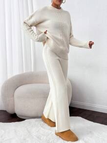 EURMUSE 2pcs/Set Women Solid Color Round Neck Long Sleeve Casual Knitted Top And Pants Set - Beige - View 3