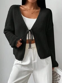 Chiquease 女式轻便宽松系带开衫 - 黑色 - 查看 6