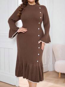 Modelyn Plus Size Autumn/Winter Casual Button Decor Elegant Ruffle Hem Sweater Dress - Grey - View 3