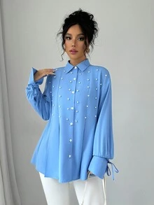 Chiquease Áo cánh dài tay trang trí nơ ngọc trai thanh lịch rộng rãi cho nữ, Áo sơ mi nữ mùa thu - Màu xanh lam - Xem 3