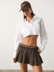 SHEIN Unity 女式棕色百褶裙，带弹性腰部衬里，秋冬 A 字迷你裙 - 卡其色 - 查看 8