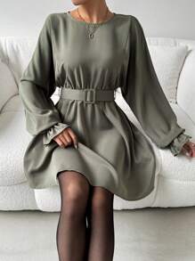 EMERY ROSE Casual Simple Solid Color Ruffle Sleeve Tie Waist Dress Fall Cloth For Women - Green - View 6