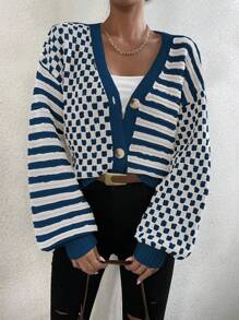 SHEIN Unity Women Casual Stripe & Checkerboard Splicing Drop Shoulder Loose Knit Cardigan - Multicolor - View 6