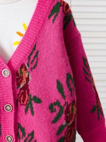SHEIN V-Neck Long Sleeve Floral Pattern Cardigan Sweater, Fashion Versatile Mid-Length Knitted Top - Hot Pink - View 3