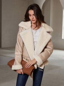 Aveloria Rosie Premium Faux Shearling Jacket For Women, Thickened Lapel Motorcycle Jacket For Fall/Winter