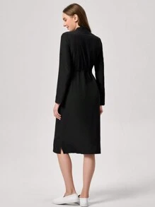 TaskEZ Black Partial Button Down Cinched Waist Multiple Pocket Decor Nurse Dress
