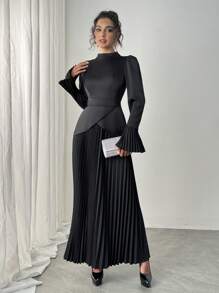 Rafferiza 纯色立领喇叭袖褶皱 A 字长袖连衣裙长款缎面女装 - 黑色 - 查看 3