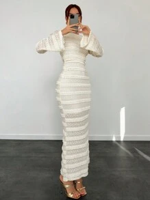 Aloruh 女士优雅蕾丝露背系带连衣裙，米白色夏季派对白色毕业返校节美人鱼服装仙女镂空冬季服装 - 杏色 - 查看 5