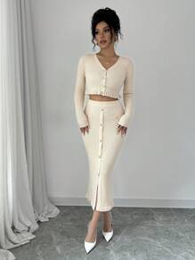 RosyDaze 2pcs/Set Casual Solid Color Cardigan And Knitted Skirt Set, For Spring & Fall - Apricot - View 4