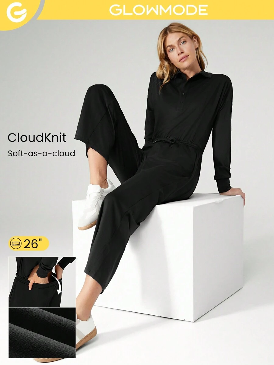 GLOWMODE Cloudknit Be Relaxed Adjustable Drawstring Waist Wide-Leg Lapel Long Sleeve Jumpsuit Bodysuit With Side Pockets Daily Casual
