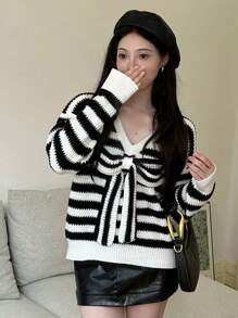 SHEIN Unity Women's Casual Colorblock Striped Bow Decor Sweater, Autumn/Winter
