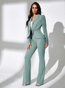 SHEIN SXY Conjunto de chaqueta de manga larga y pantalones de 2 piezas en color rojo para uso en oficina, elegante y casual para uso en fiestas, minimalista para ir a la oficina - Azul menta - Ver 5