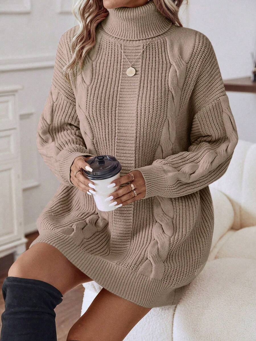 EMERY ROSE 女式休闲纯色高领落肩毛衣连衣裙，秋冬款 - 摩卡棕 - 查看 1