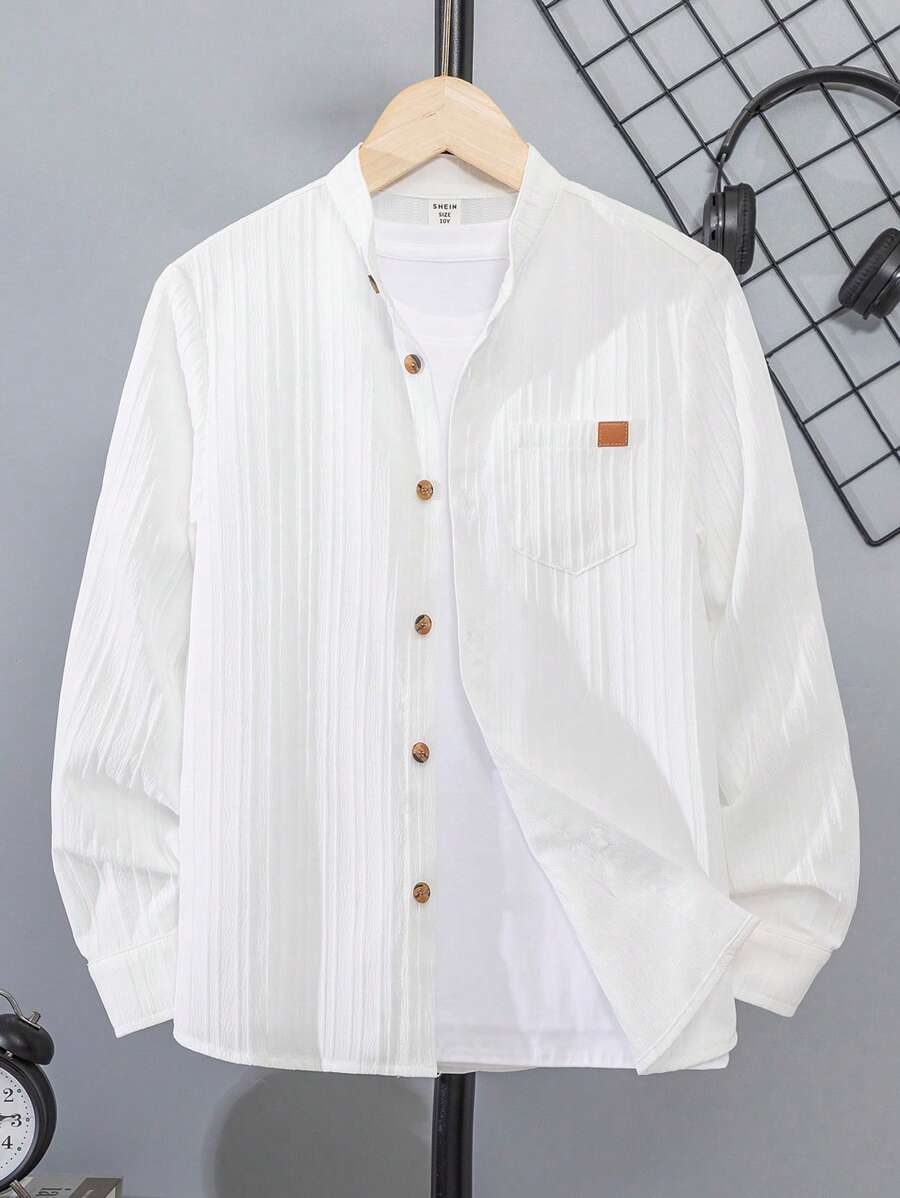 SHEIN 青少年男孩休闲纹理条纹口袋长袖立领衬衫，适合学校、日常和商务穿着，秋季