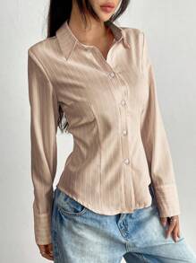 SHEIN Unity 女士秋季长袖收腰休闲条纹衬衫通勤 - 彩色 - 查看 4