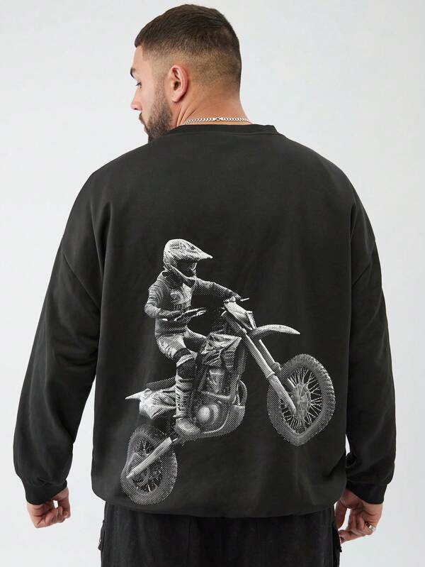 Manfinity NXTstreet Sudadera de punto informal con estampado de letra y motocicleta para hombres de talla grande