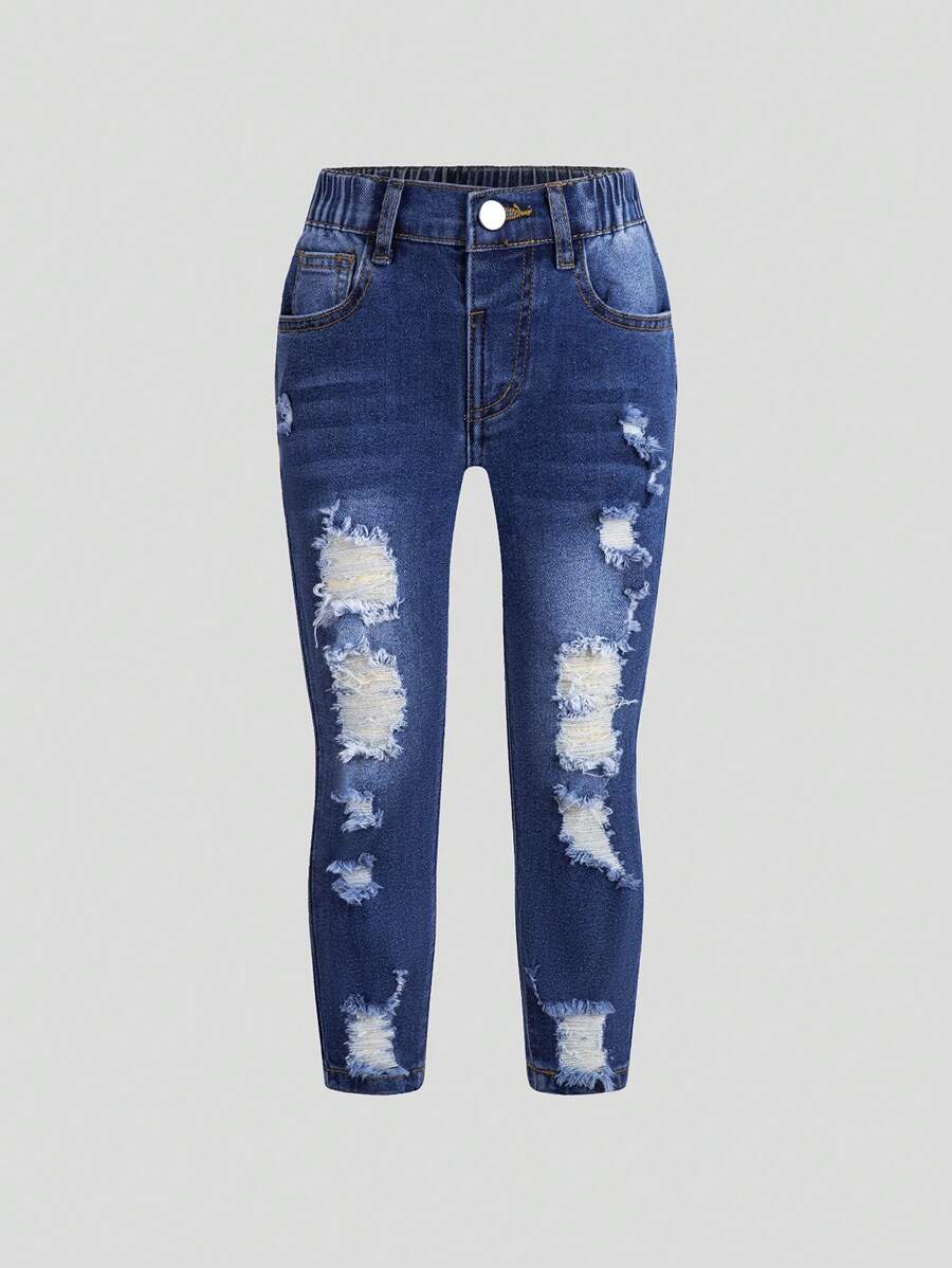 Young Girls All-Match Ripped Distressed Washed Denim Jeans - Dark Wash - View 1