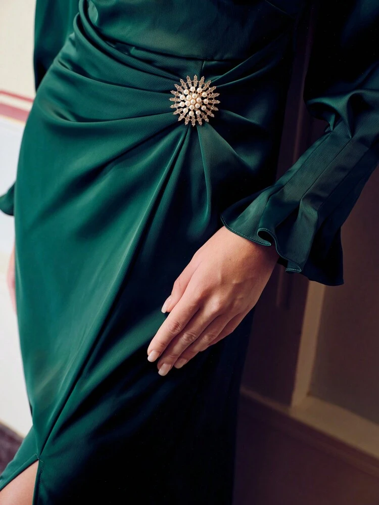 ZEYLAH SATIN SOLID FLARE SLEEVE RHINESTONE AND FAUX PEARL RUCHED WAIST LONG DRESS