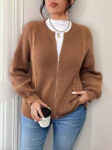 SHEIN LUNE Plus Size Plain Front Zip Long Sleeve Minimalist Casual Top - Khaki - View 1