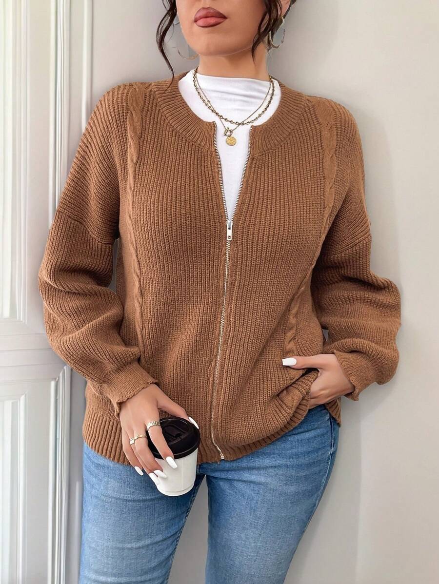 SHEIN LUNE Plus Size Plain Front Zip Long Sleeve Minimalist Casual Top - Khaki - View 1