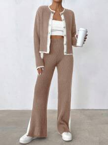 EURMUSE 2pcs Set: Contrast Trimmed Front Button Rib Knit Long Sleeve Top And Slit Leg Knit Pants - Mocha Brown - View 2