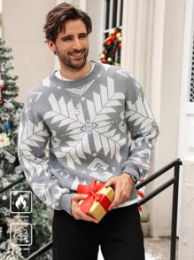 Manfinity Homme Men's Grey Autumn Casual Matching Family Geometric Pattern Drop Shoulder Loose Knit Long Sleeve Graphic Color Block Chunky Sweater,For Christmas Party - Grey - View 5