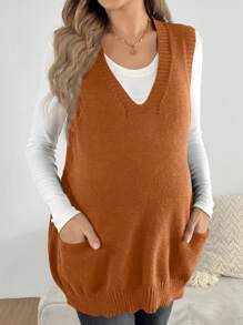 SHEIN Maternity Loose V-Neck Pocket Design Knit Vest Sweater, Casual For Autumn