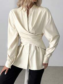 Chiquease 休闲纯色交叉系腰衬衫，秋季 - 杏色 - 查看 5